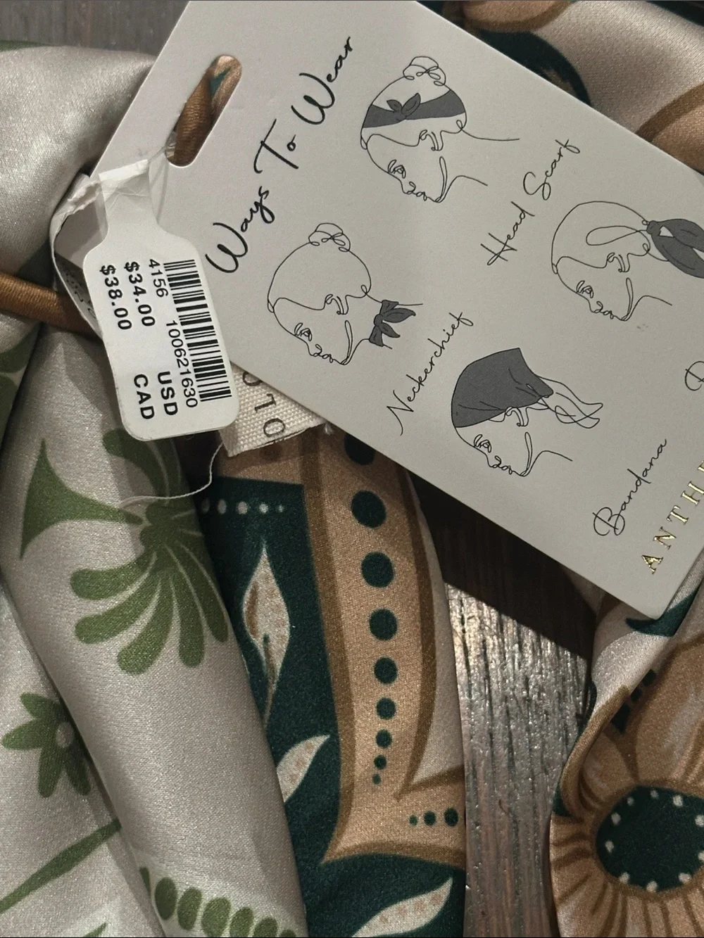 Anthropologie Botanical Paisley Scarf in Green and Beige